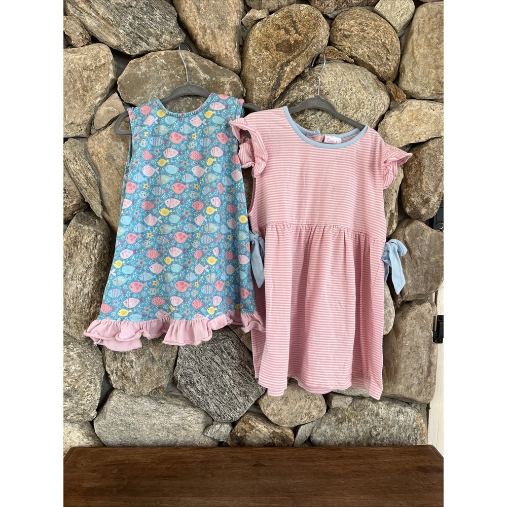 2‎ Stitchy Fish Girls 6/7 White Pink Stripes Fish Dress And Open Back Smock